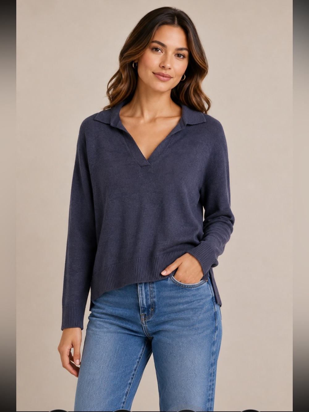 Halston Heritage Women's V-Neck Linen Blend Collared Sweater - Navy